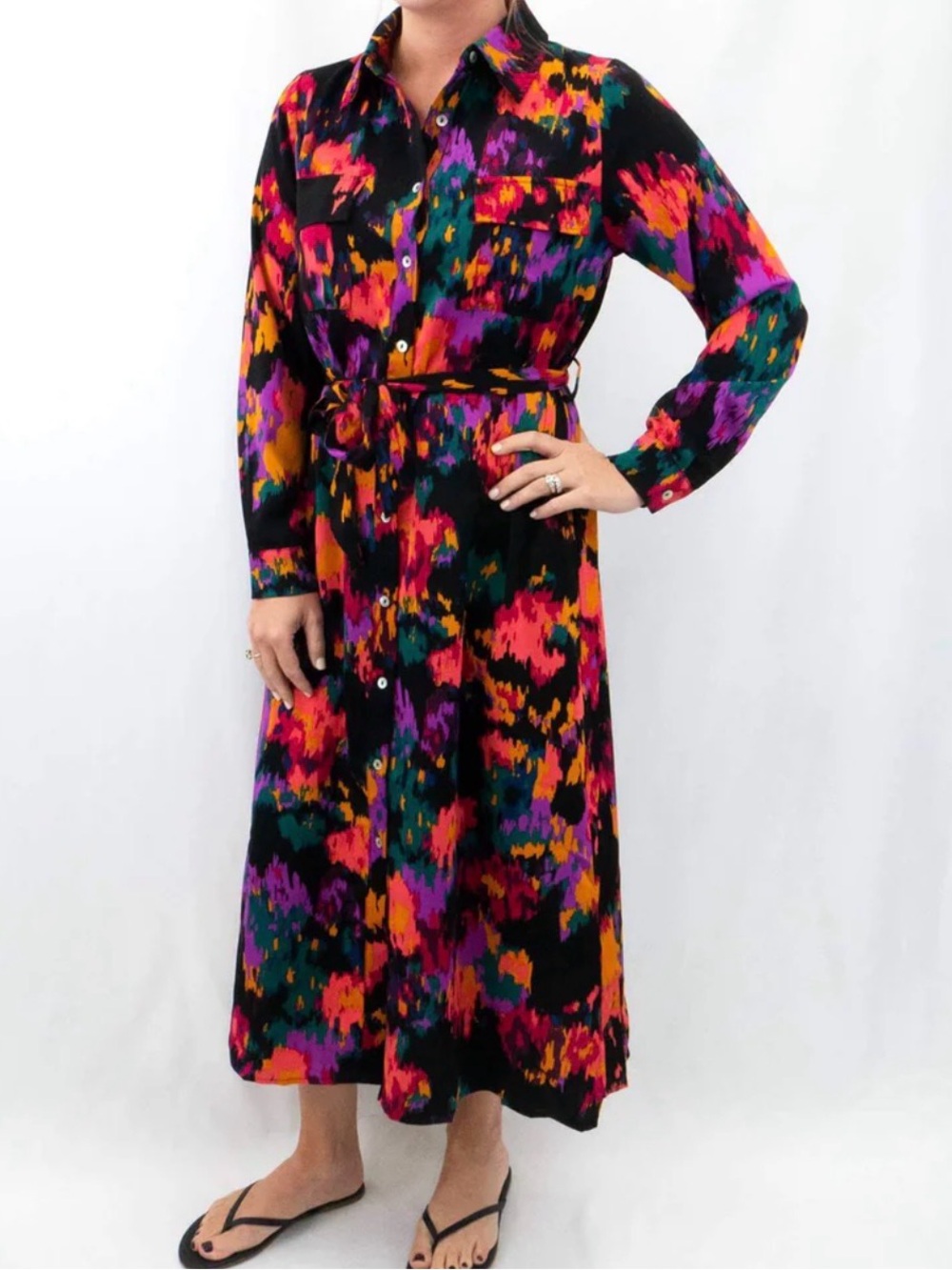 Pinch- Vibrant Abstract Print Button Down Belted Dress